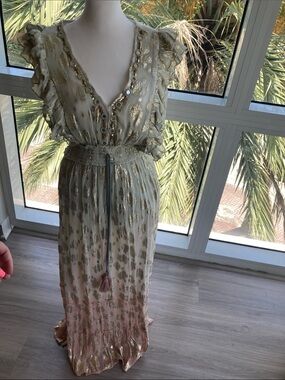 Cream and Pink Metallic-Accent Maxi Dress with Tassel Belt